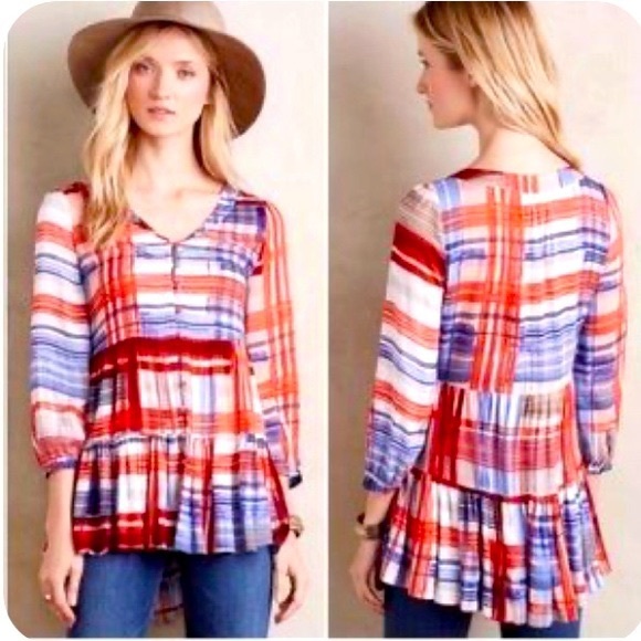 Anthropologie Maeve Plaid Button Down Ruffle Top | Red, White & Blue | Size M - Picture 2 of 8